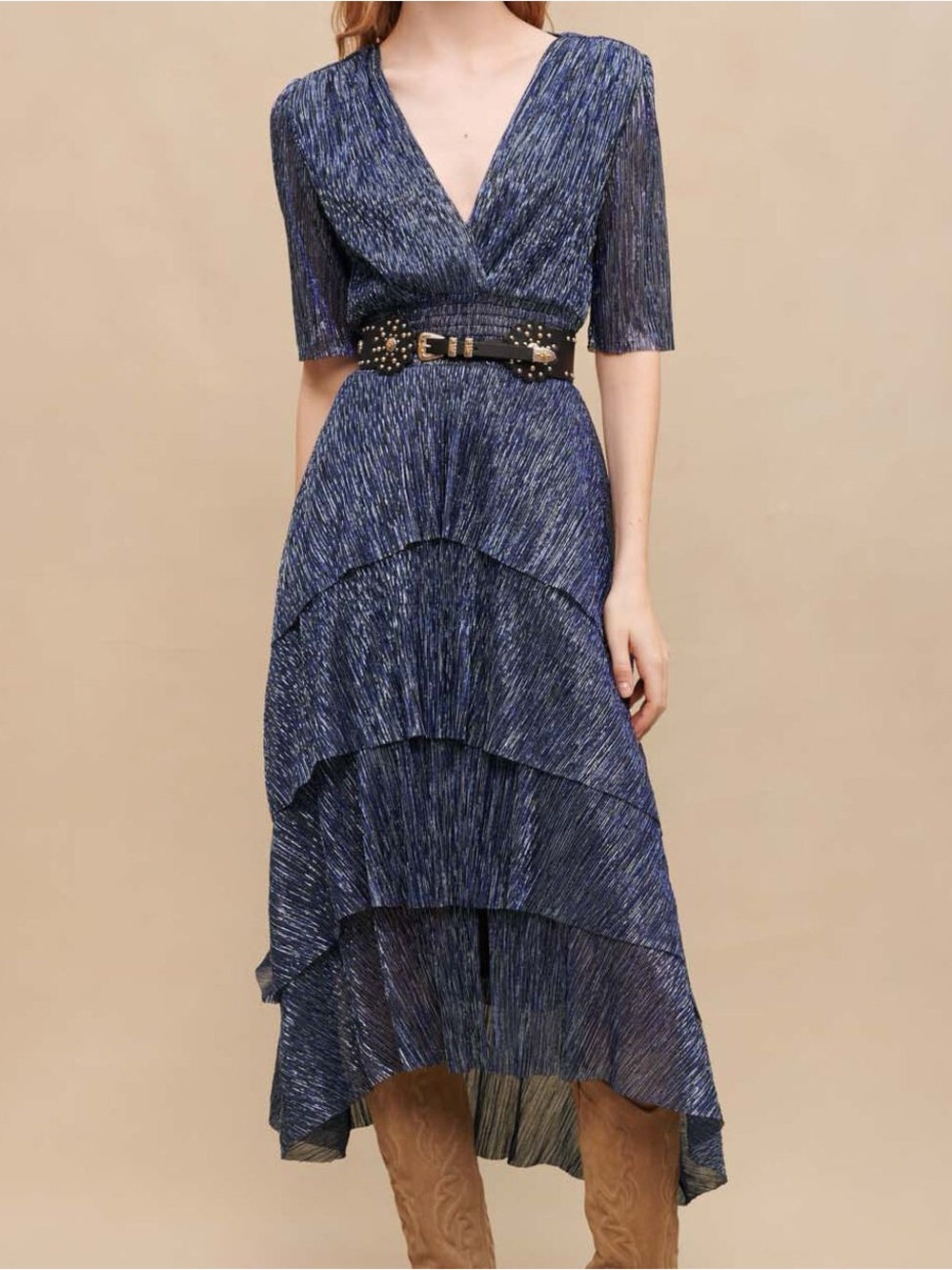 Maje Metallic Blue Tiered V-Neck Midi Dress